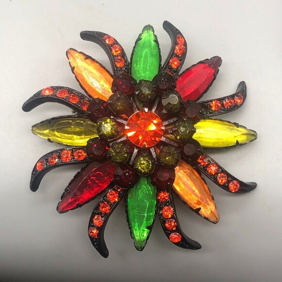 VTG. Selro Selini Brooch Unsigned Japanned Flower Multicolored Rhinestones - Picture 1 of 11